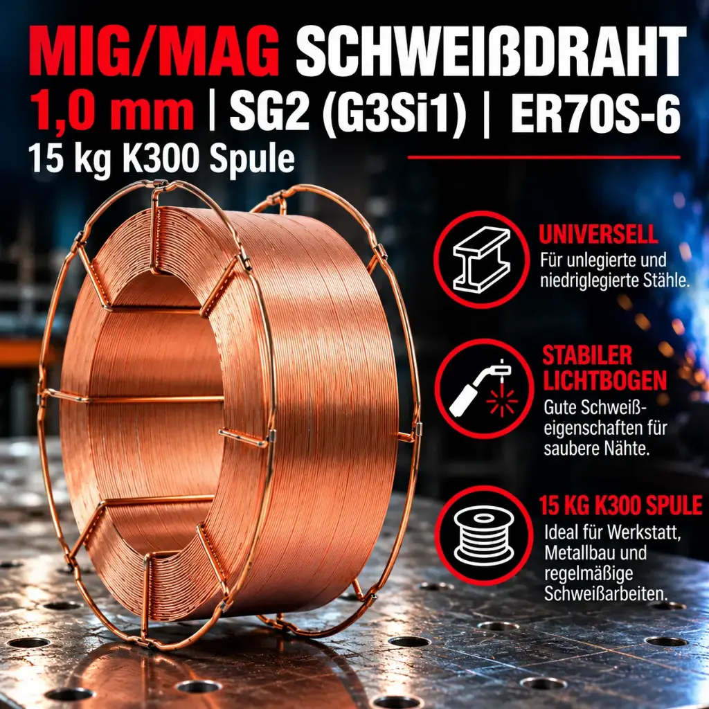 MIG MAG Schweißdraht 1,0 mm SG2 (G3Si1) ER70S-6 – 15 kg K300 Spule