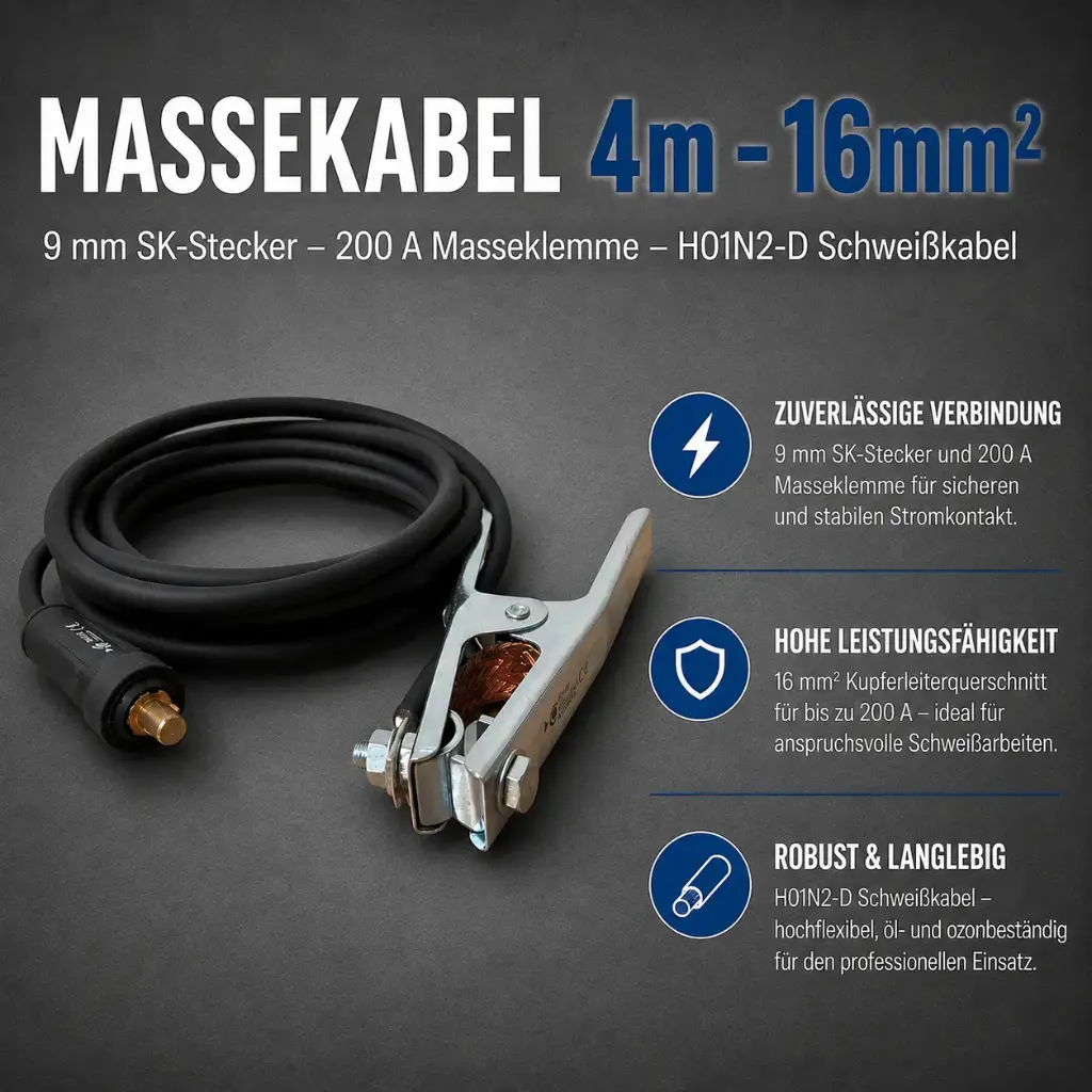 Massekabel 4m – 16mm² – 9 mm SK-Stecker – 200 A Masseklemme – H01N2-D Schweißkabel