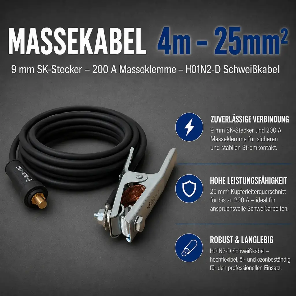 Massekabel 4m – 25mm² – 9 mm SK-Stecker – 200 A Masseklemme – H01N2-D Schweißkabel