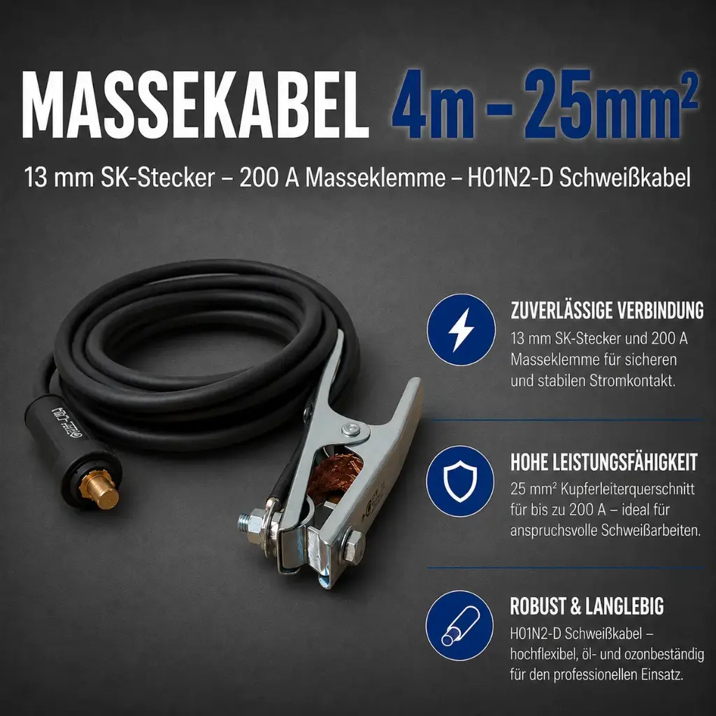 Massekabel 4 m – 25 mm² – 13 mm SK-Stecker – 200 A Masseklemme – H01N2-D Schweißkabel