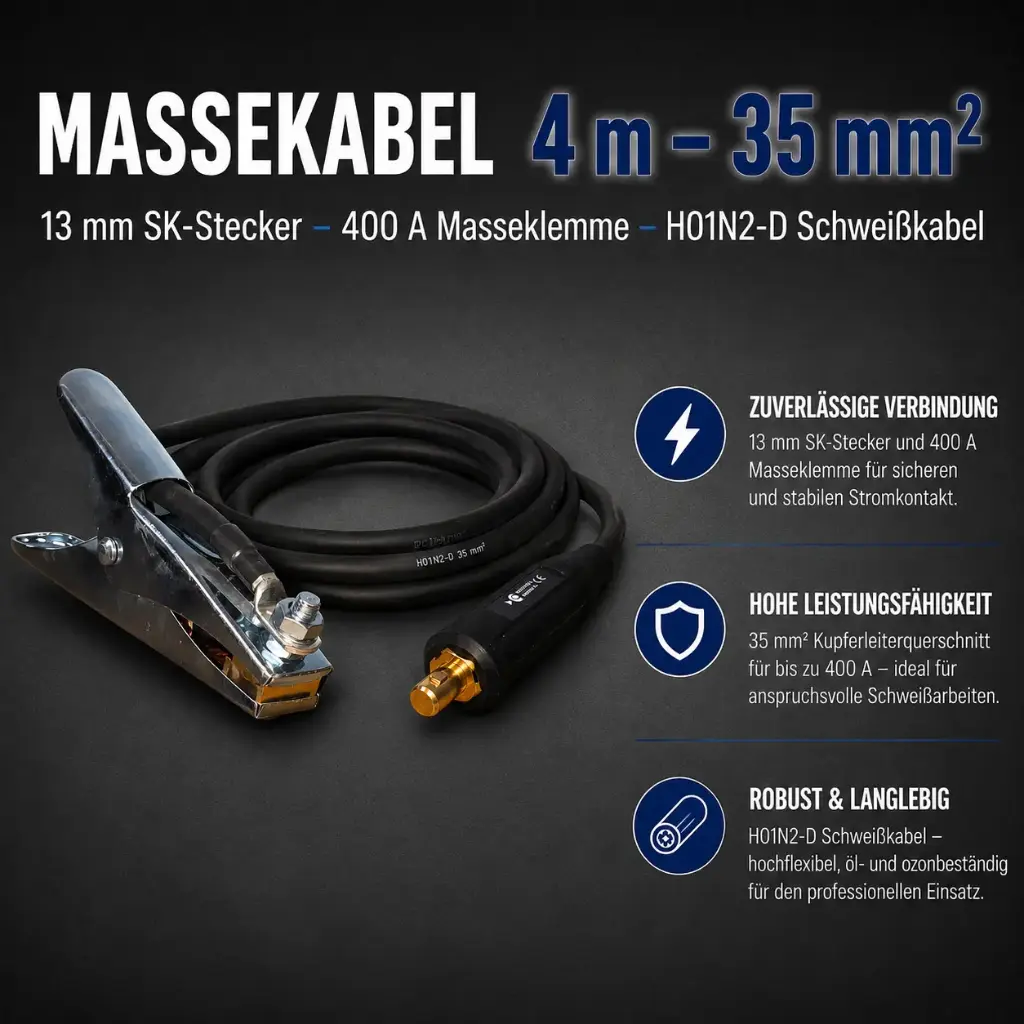 Massekabel 4 m – 35 mm² – 13 mm SK-Stecker – 400 A Masseklemme – H01N2-D Schweißkabel