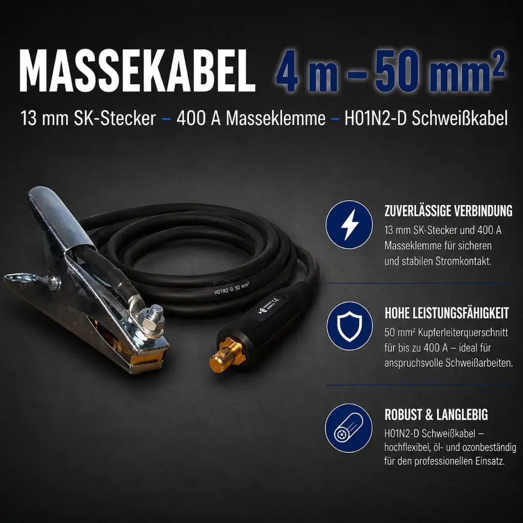 Massekabel 4 m – 50 mm² – 13 mm SK-Stecker – 400 A Masseklemme – H01N2-D Schweißkabel