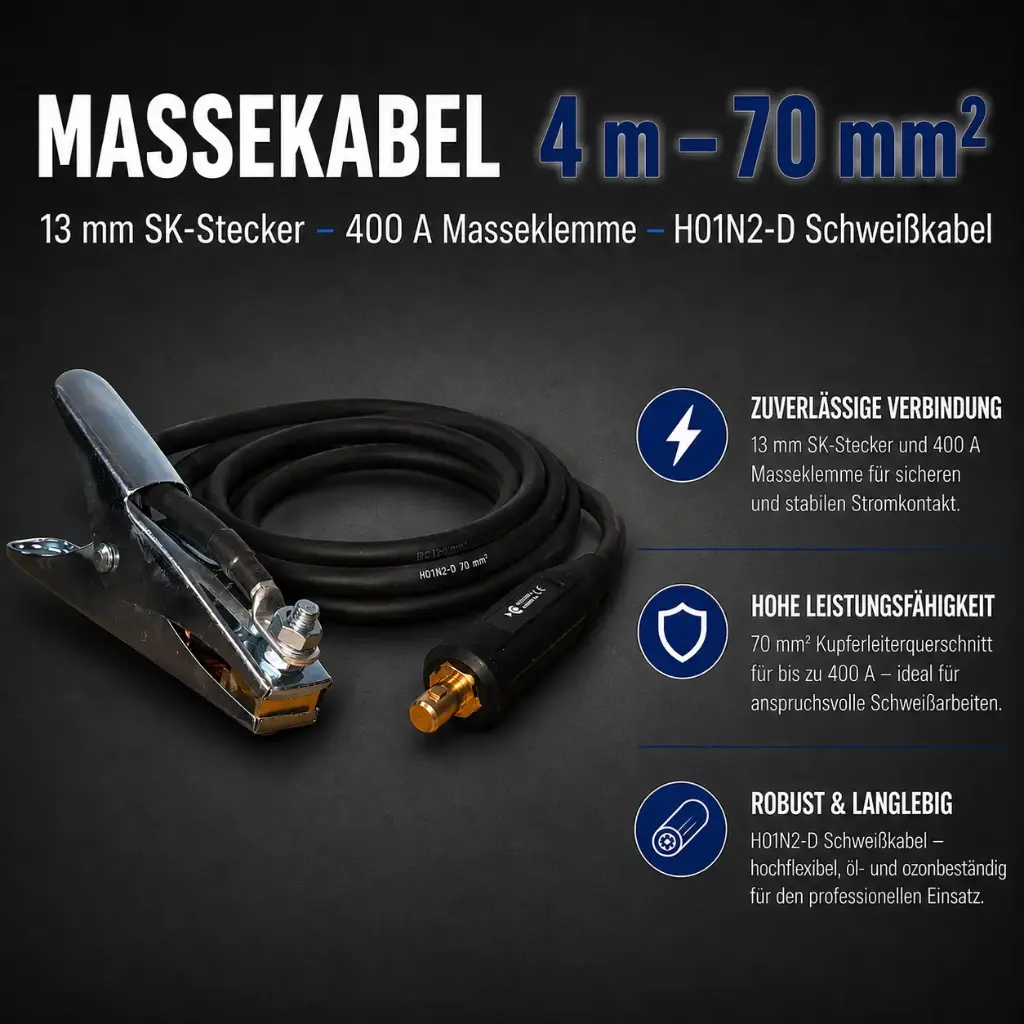 Massekabel 4 m – 70 mm² – 13 mm SK-Stecker – 400 A Masseklemme – H01N2-D Schweißkabel