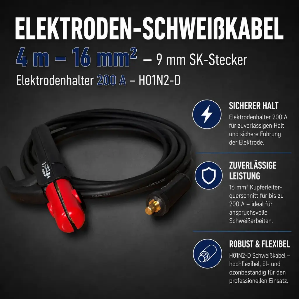 Elektroden-Schweißkabel 4 m – 16 mm² – 9 mm SK-Stecker – Elektrodenhalter 200 A – H01N2-D