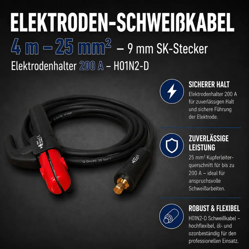 Elektroden-Schweißkabel 4 m – 25 mm² – 9 mm SK-Stecker – Elektrodenhalter 200 A – H01N2-D