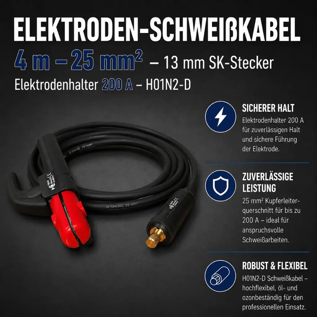 Elektroden-Schweißkabel 4 m – 25 mm² – 13 mm SK-Stecker – Elektrodenhalter 200 A – H01N2-D
