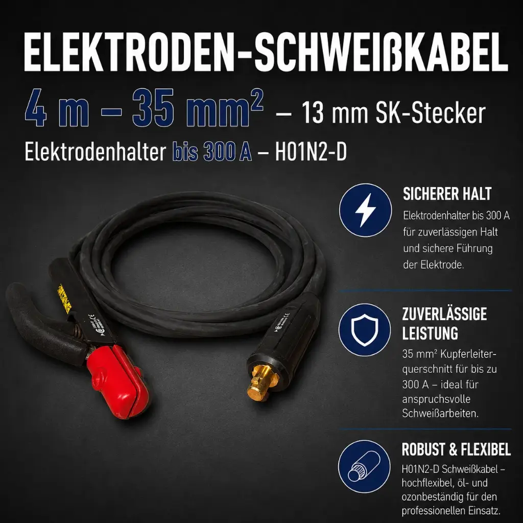 Elektroden-Schweißkabel 4 m – 35 mm² – 13 mm SK-Stecker – Elektrodenhalter bis 300 A – H01N2-D