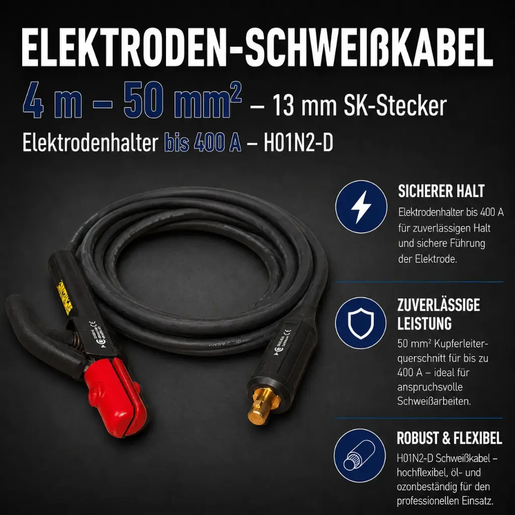 Elektroden-Schweißkabel 4 m – 50 mm² – 13 mm SK-Stecker – Elektrodenhalter bis 400 A – H01N2-D