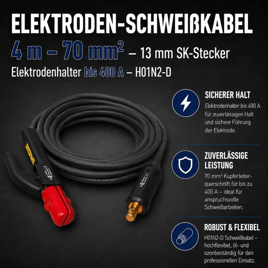Elektroden-Schweißkabel 4 m – 70 mm² – 13 mm SK-Stecker – Elektrodenhalter bis 400 A – H01N2-D