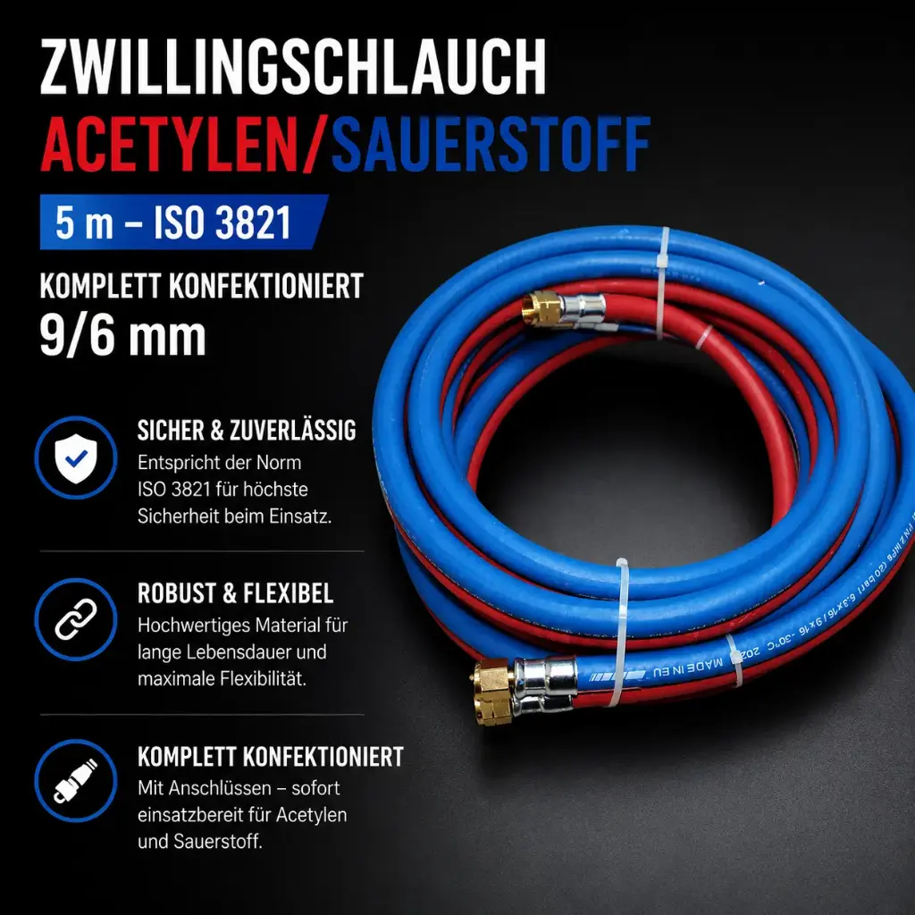 Zwillingsschlauch Acetylen/Sauerstoff 5 m – ISO 3821 – Komplett konfektioniert 9/6 mm