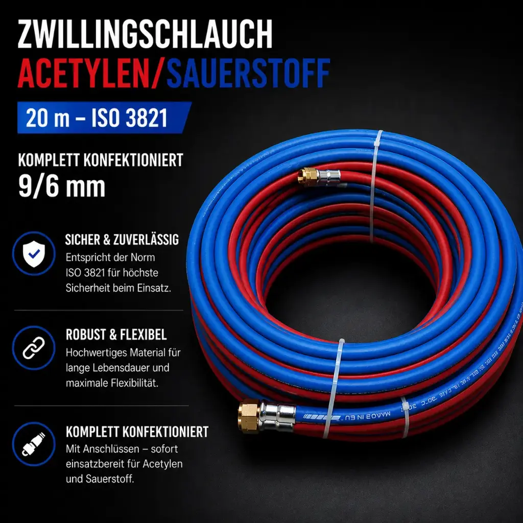 Zwillingsschlauch Acetylen/Sauerstoff 20 m – ISO 3821 – Komplett konfektioniert 9/6 mm