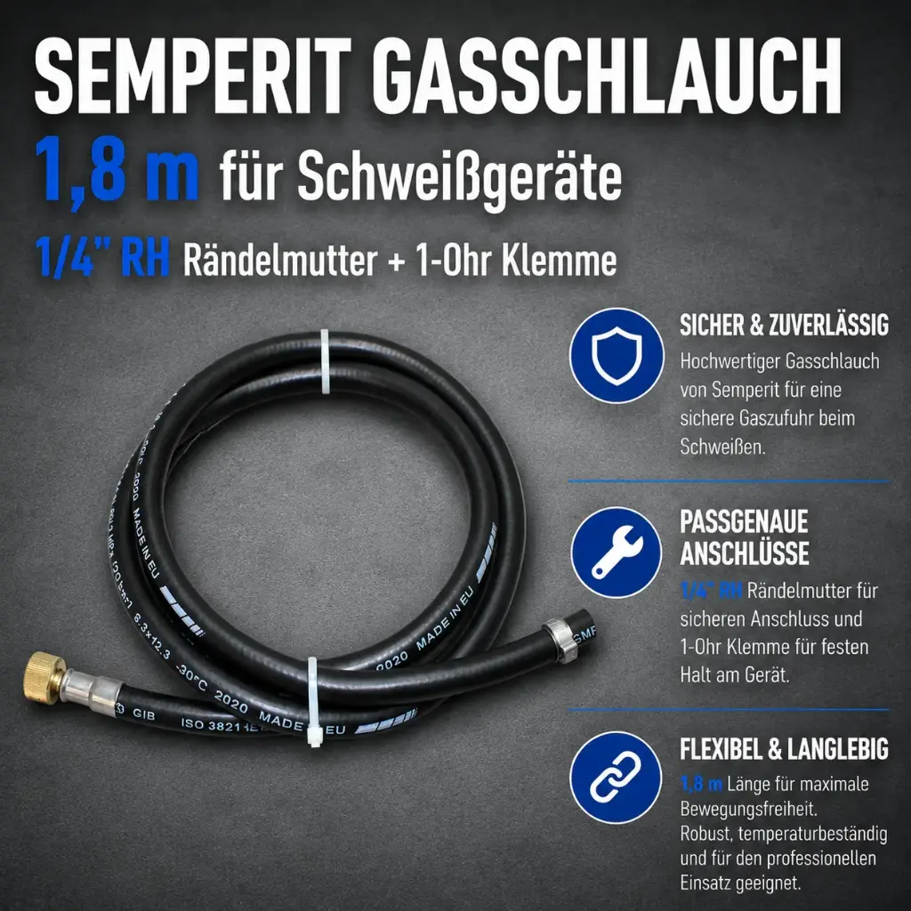 Semperit Gasschlauch 1,8 m für Schweißgeräte – 1/4" RH Rändelmutter + 1-Ohr Klemme