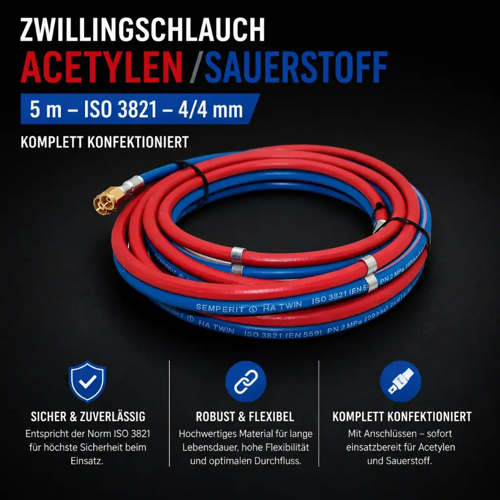 Zwillingsschlauch Acetylen/Sauerstoff 4 x 4 mm – 5 m mit Überwurfmuttern & Doppelschelle