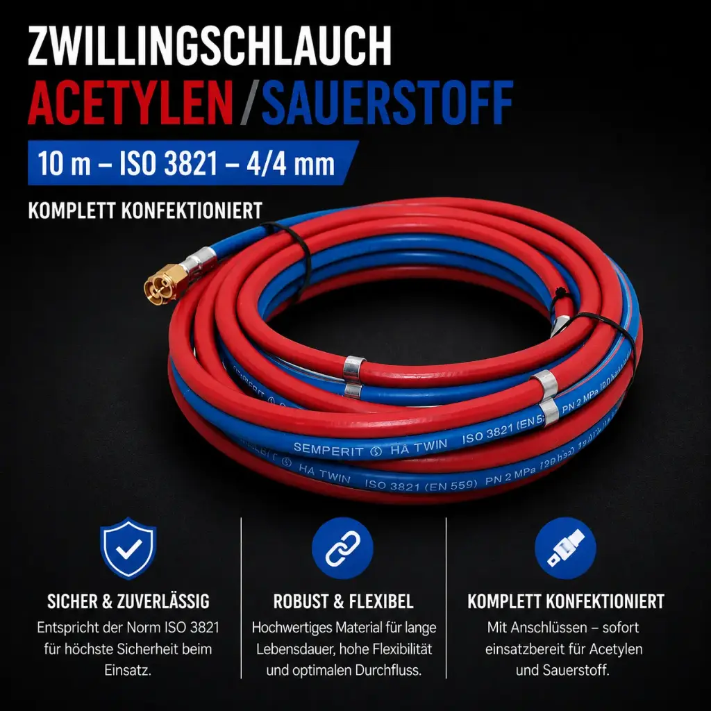 Zwillingsschlauch Acetylen/Sauerstoff 4 x 4 mm – 10 m mit Überwurfmuttern & Doppelschelle