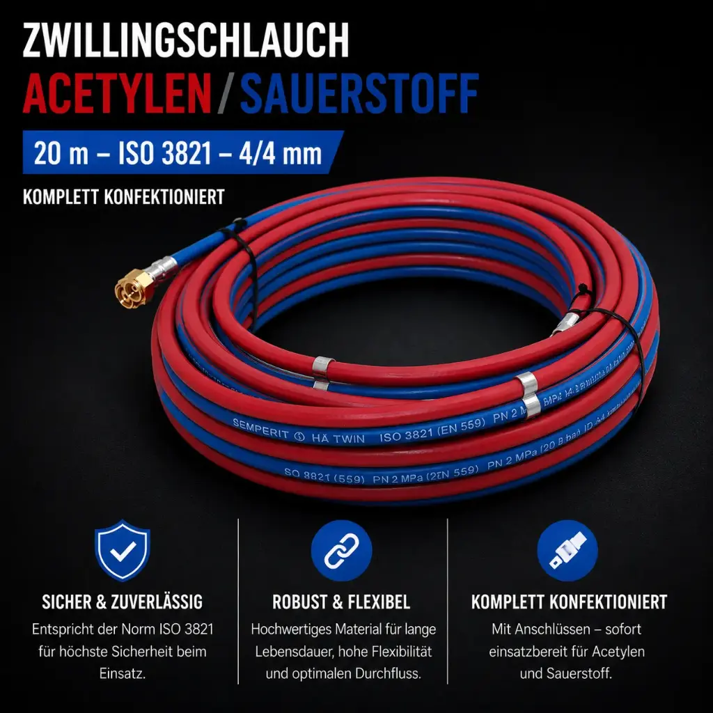 Zwillingsschlauch Acetylen/Sauerstoff 4 x 4 mm – 20 m mit Überwurfmuttern & Doppelschelle