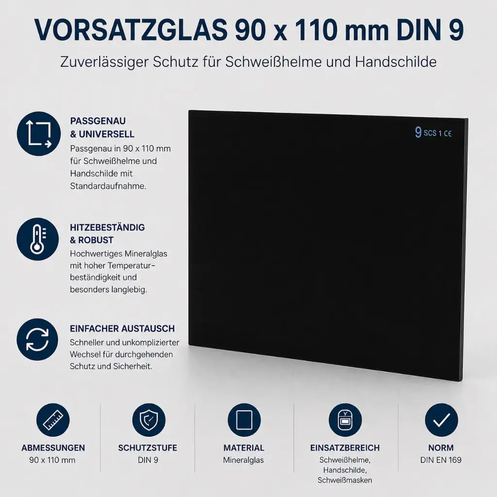 Vorsatzglas 90 x 110 mm DIN 9 für Schweißhelme und Handschilde