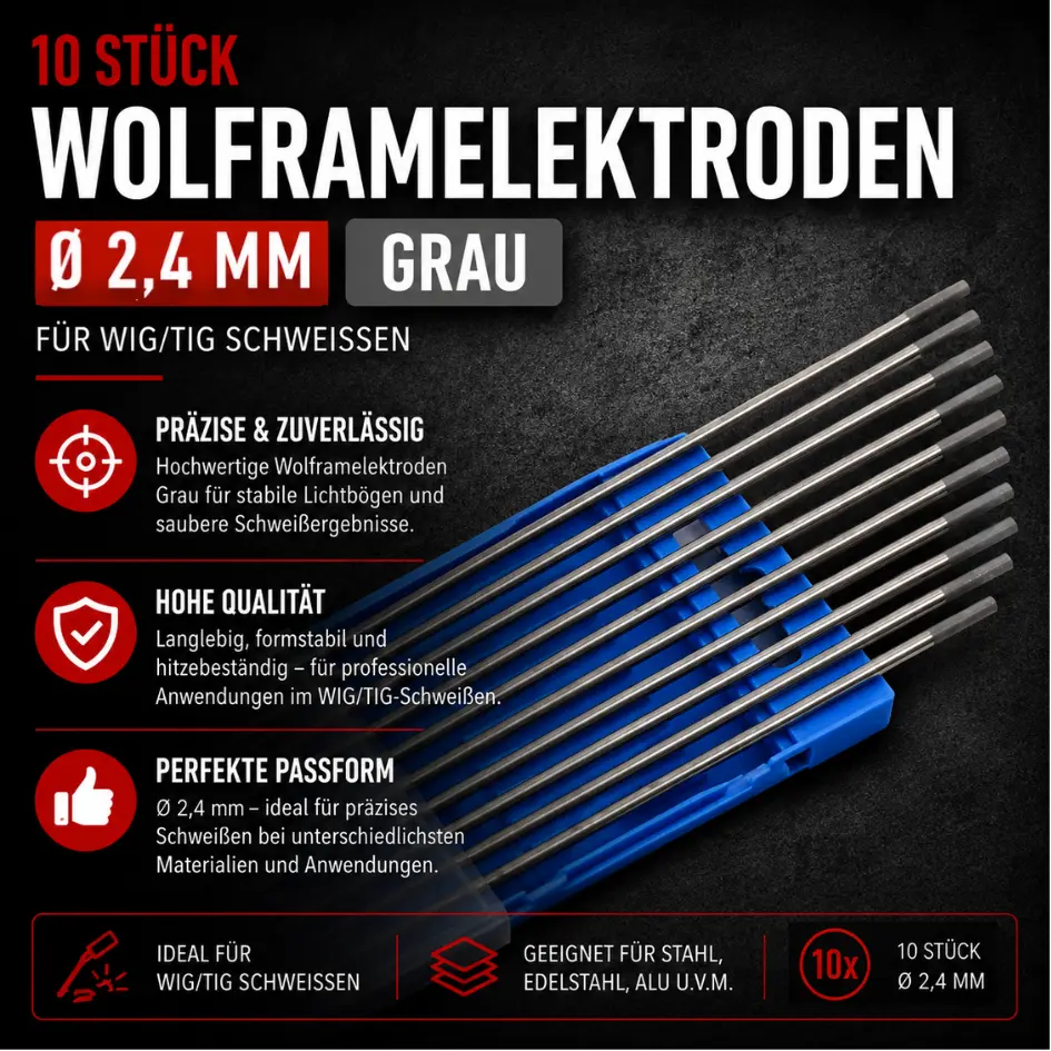 10 Stk. Wolframelektrode Grau 2,4 mm × 175 mm – WIG Elektrode für DC- und AC-Schweißen