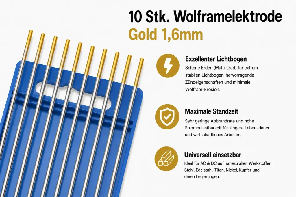 10 Stk. Wolframelektrode Gold 1,6 mm × 175 mm – Premium WIG Elektrode für höchste Ansprüche