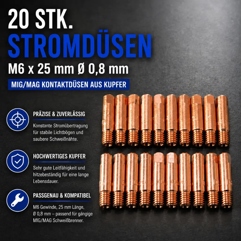 20 Stk. Stromdüsen M6 x 25 mm Ø 0,8 mm – MIG/MAG Kontaktdüsen aus Kupfer
