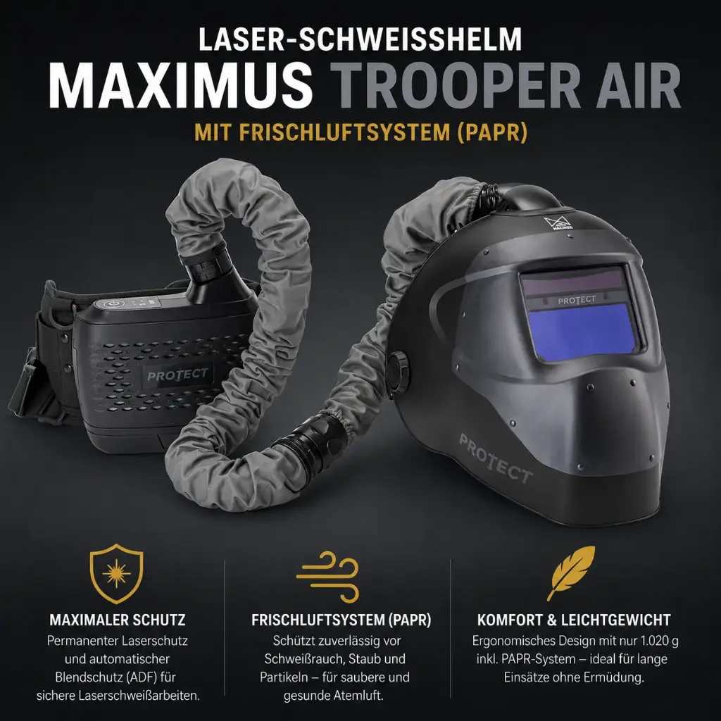 Laser-Schweißhelm MAXIMUS Trooper Air – Laserschutzhelm mit PAPR-Frischluftsystem