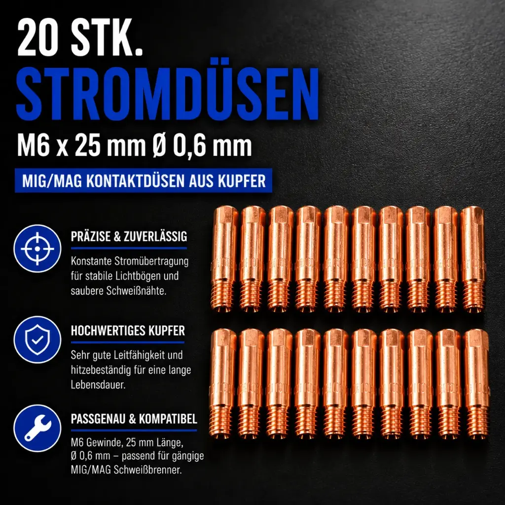 20 Stk. Stromdüsen M6 x 25 mm Ø 0,6 mm – MIG/MAG Kontaktdüsen aus Kupfer