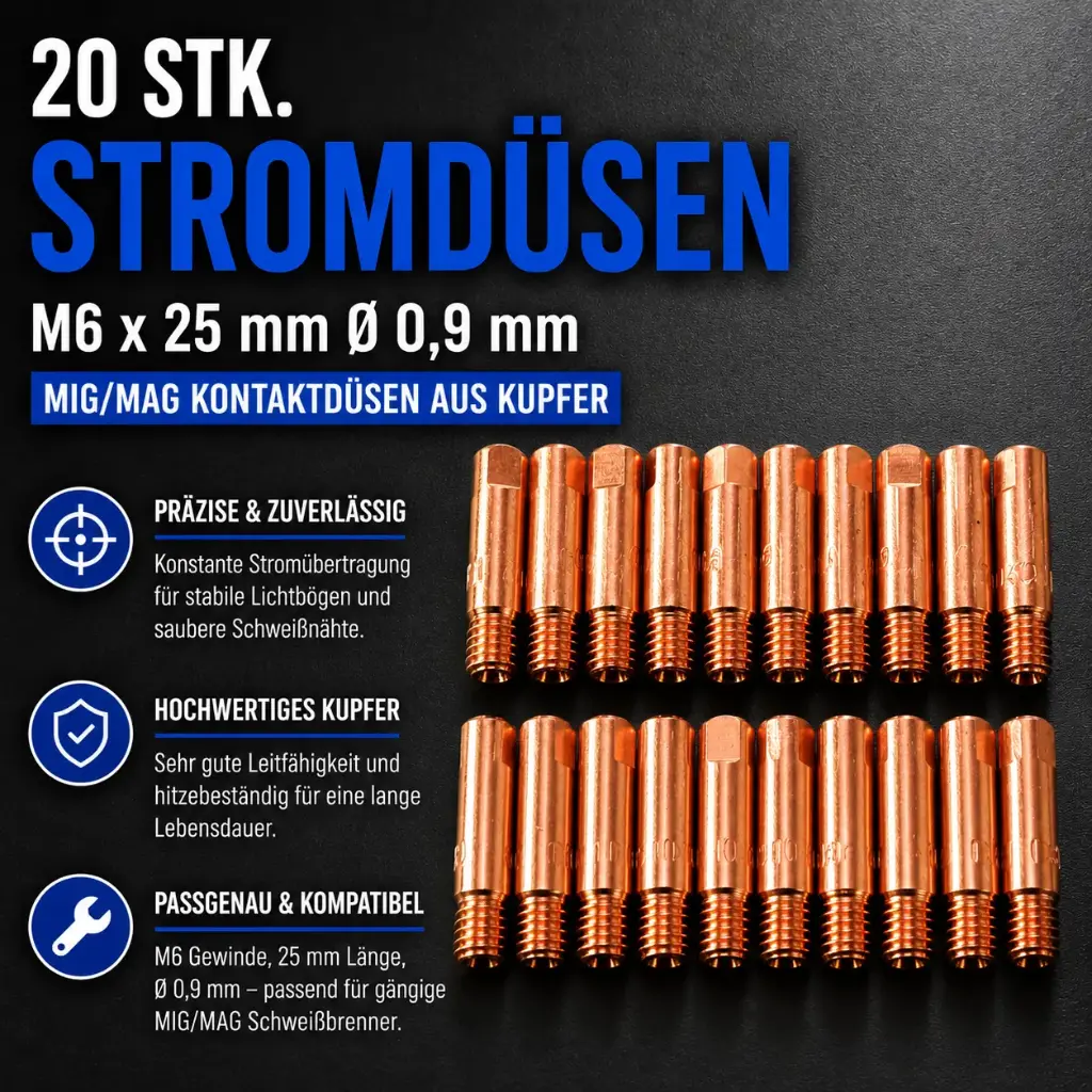 20 Stk. Stromdüsen M6 x 25 mm Ø 0,9 mm – MIG/MAG Kontaktdüsen aus Kupfer