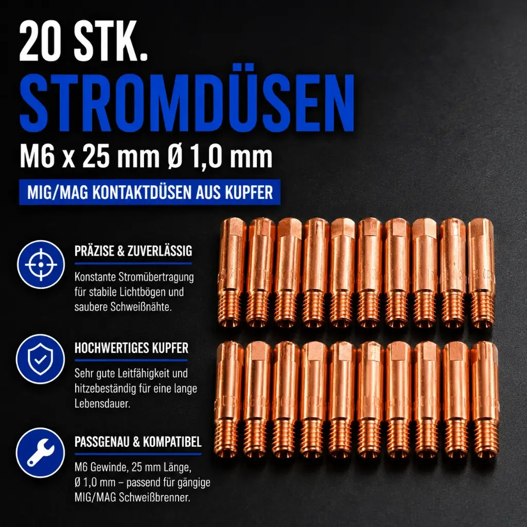 20 Stk. Stromdüsen M6 x 25 mm Ø 1,0 mm – MIG/MAG Kontaktdüsen aus Kupfer