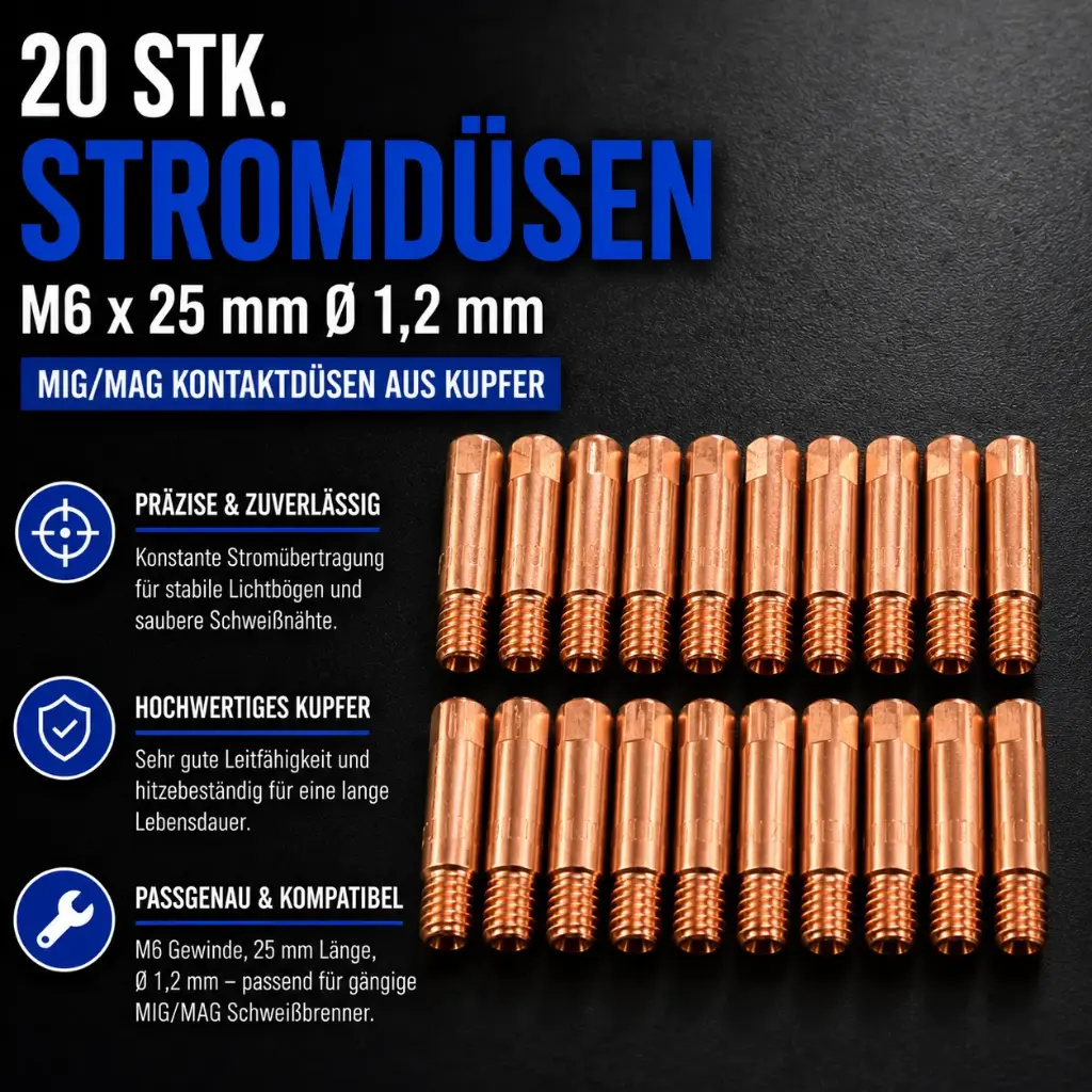 20 Stk. Stromdüsen M6 x 25 mm Ø 1,2 mm – MIG/MAG Kontaktdüsen aus Kupfer