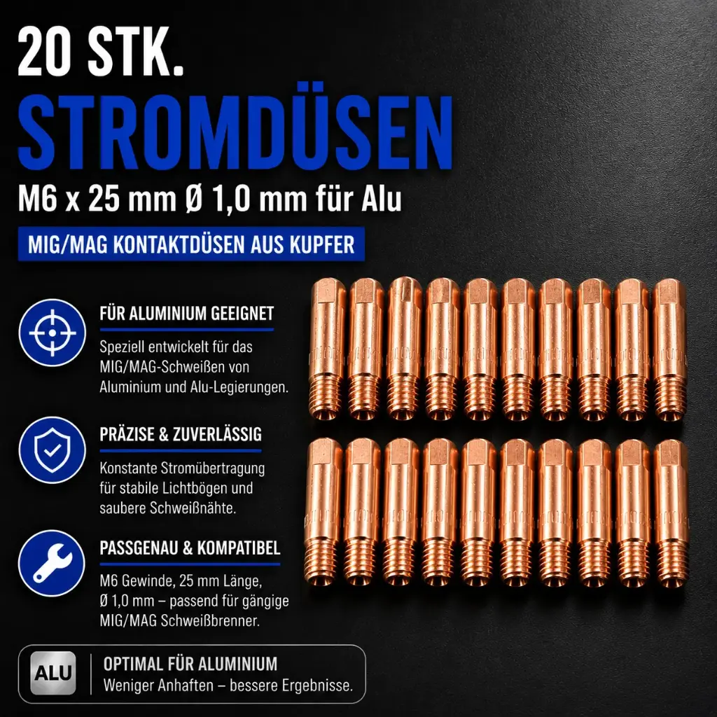 20 Stk. Stromdüsen M6 x 25 mm Ø 1,0 mm für Aluminium – MIG/MAG Kontaktdüsen aus Kupfer