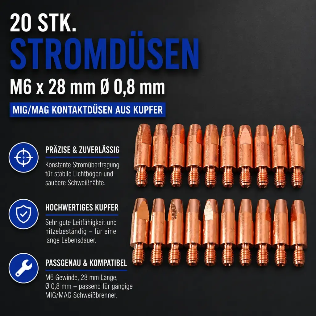 20 Stk. Stromdüsen M6 x 28 mm Ø 0,8 mm – MIG/MAG Kontaktdüsen aus Kupfer