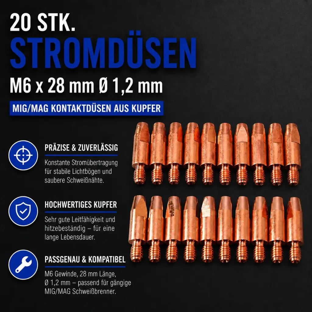 20 Stk. Stromdüsen M6 x 28 mm Ø 1,2 mm – MIG/MAG Kontaktdüsen aus Kupfer