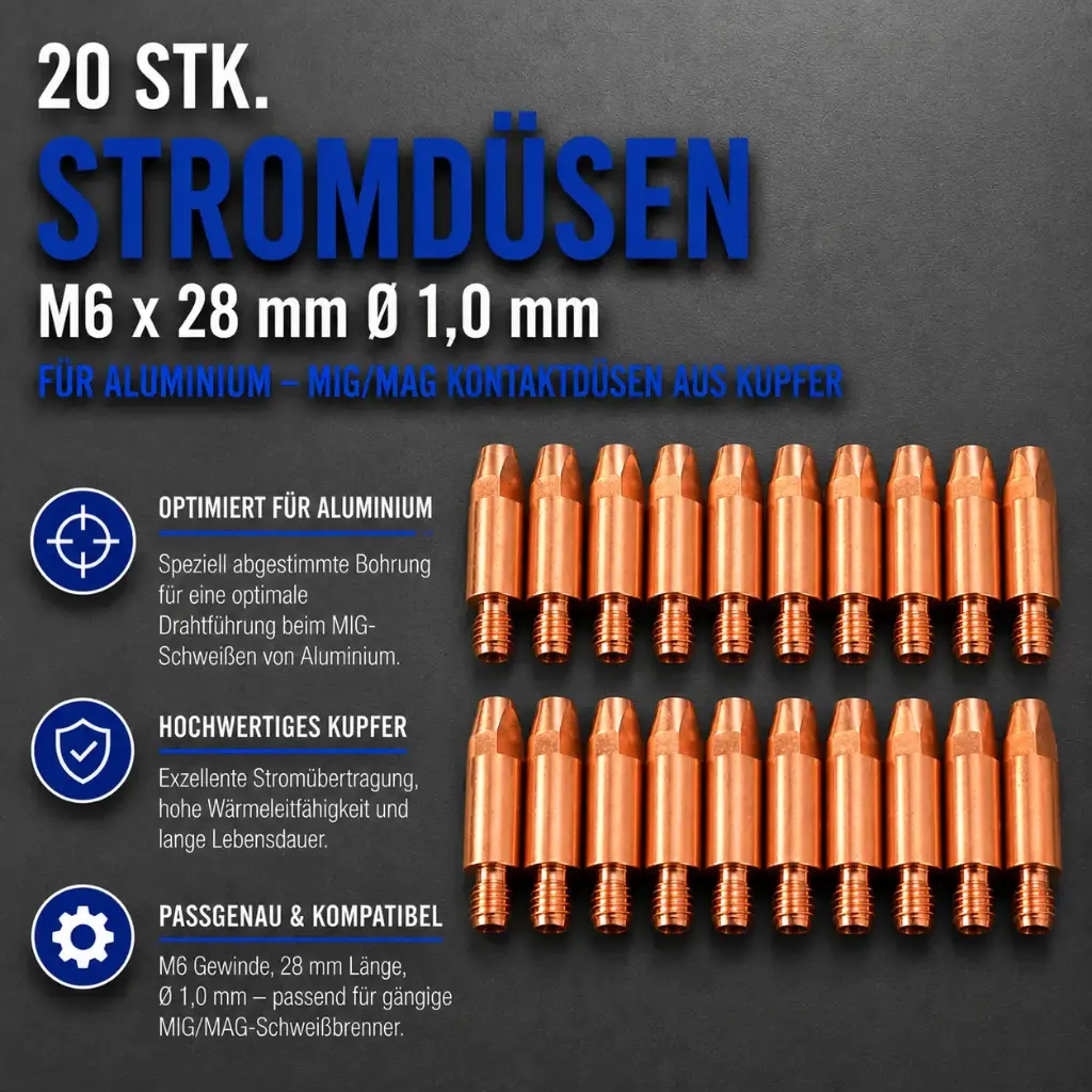 20 Stk. Stromdüsen M6 x 28 mm Ø 1,0 mm für Aluminium – MIG/MAG Kontaktdüsen aus Kupfer
