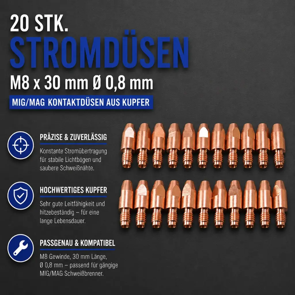 20 Stk. Stromdüsen M8 x 30 mm Ø 0,8 mm – MIG/MAG Kontaktdüsen aus Kupfer