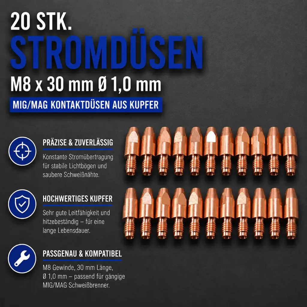 20 Stk. Stromdüsen M8 x 30 mm Ø 1,0 mm – MIG/MAG Kontaktdüsen aus Kupfer