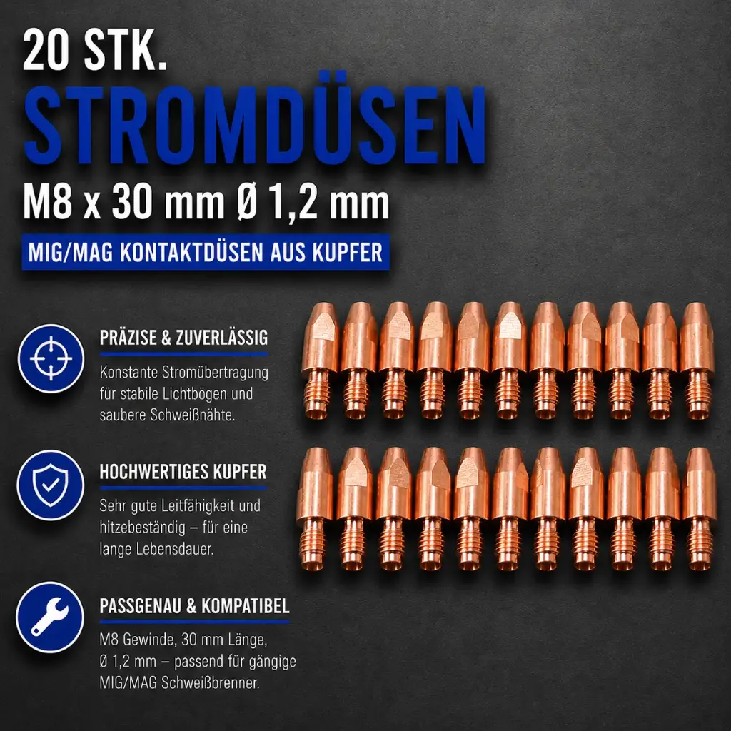 20 Stk. Stromdüsen M8 x 30 mm Ø 1,2 mm – MIG/MAG Kontaktdüsen aus Kupfer