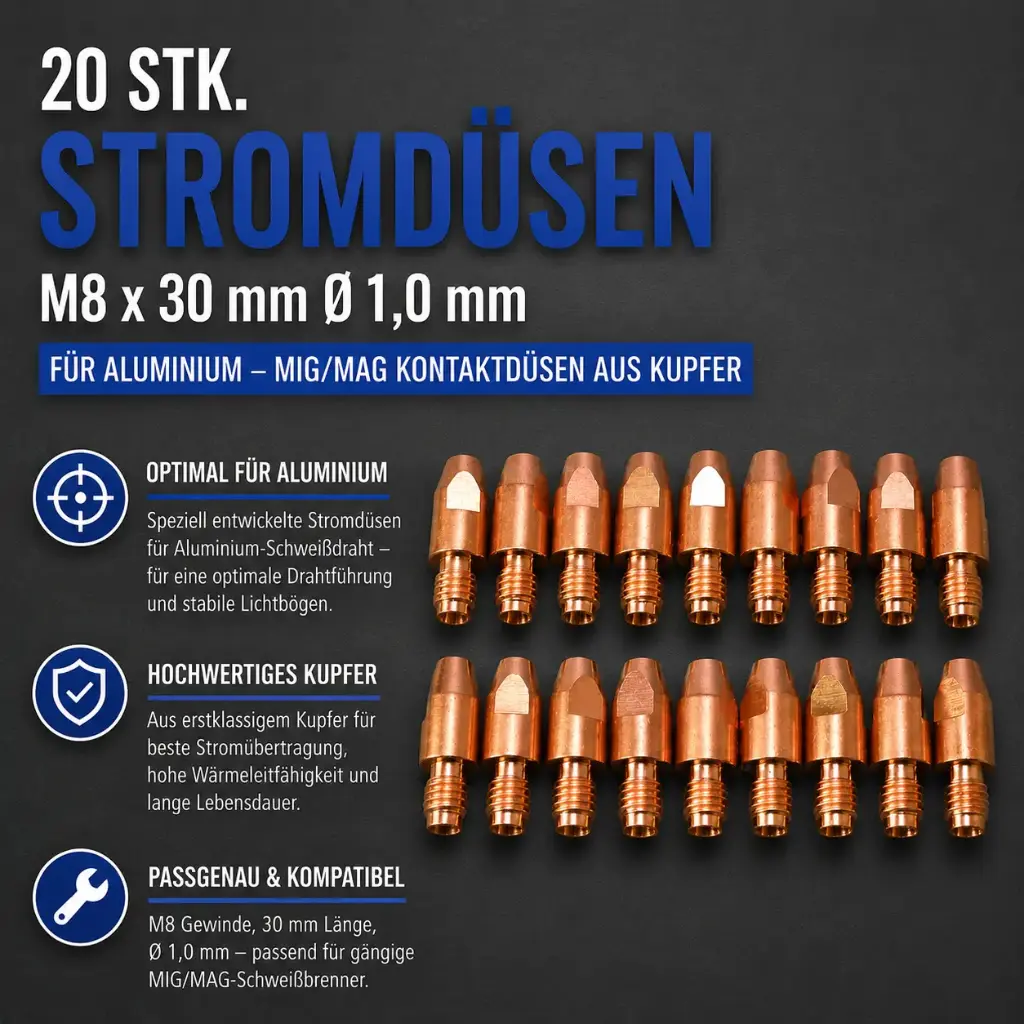 20 Stk. Stromdüsen M8 x 30 mm Ø 1,0 mm für Aluminium – MIG/MAG Kontaktdüsen aus Kupfer
