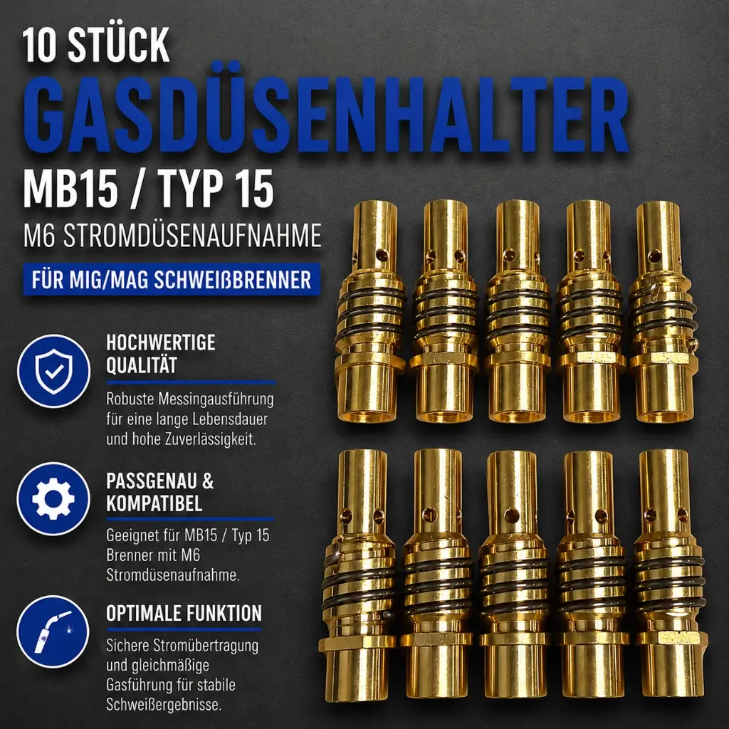 10 Stück Gasdüsenhalter MB15 / Typ 15 – M6 Stromdüsenaufnahme für MIG/MAG Schweißbrenner