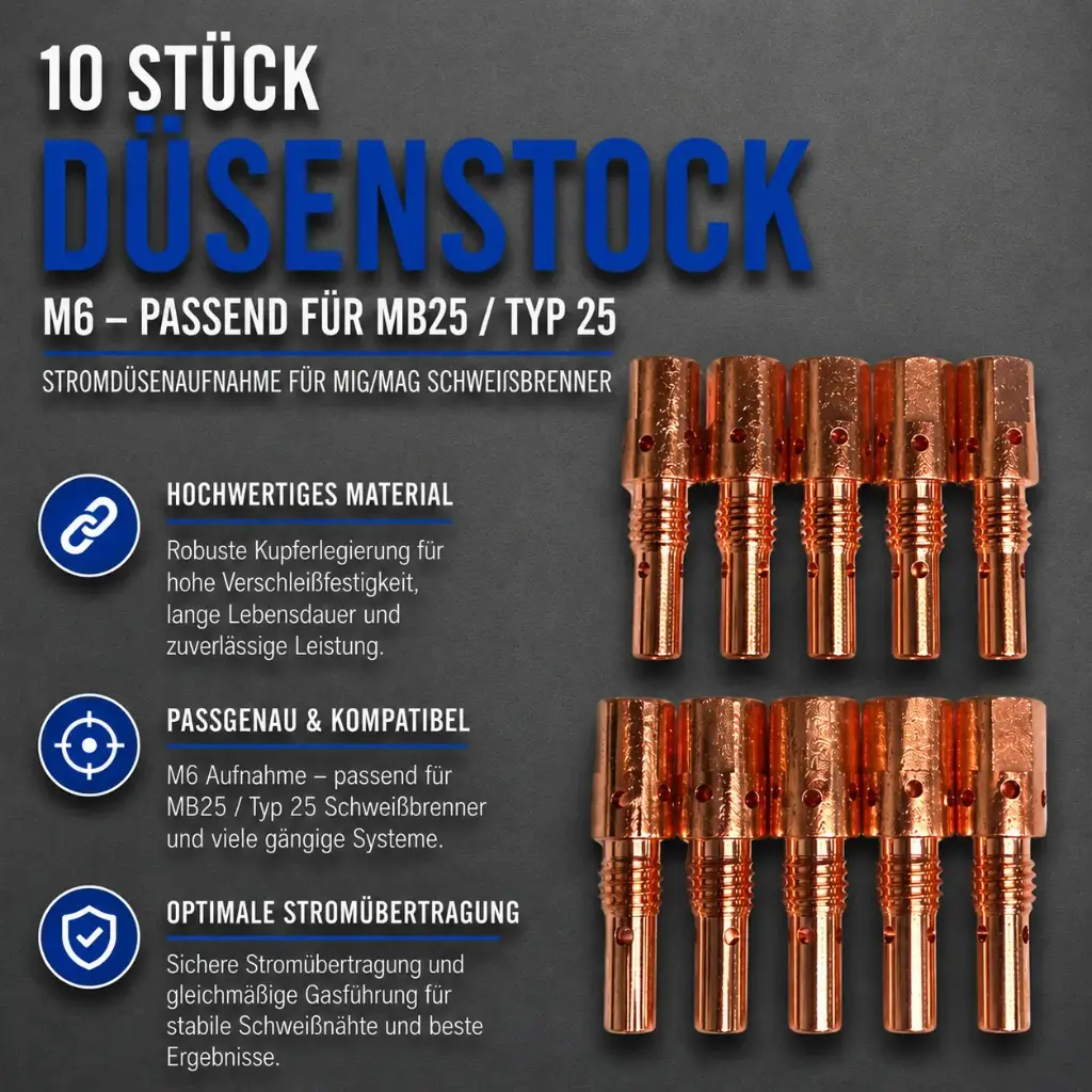 10 Stück Düsenstock M6 passend MB25 / Typ 25 – Stromdüsenhalter für MIG/MAG Schweißbrenner