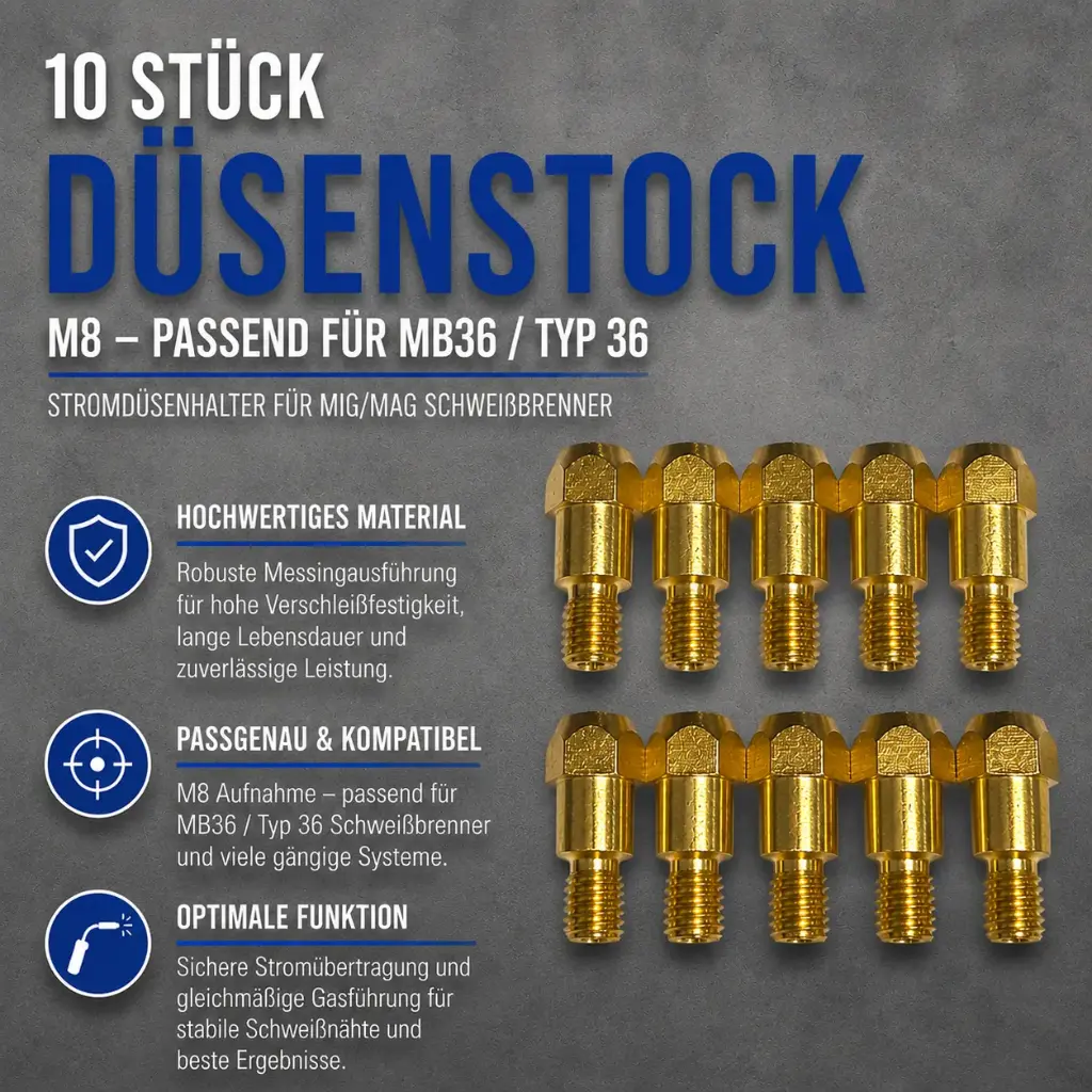 10 Stück Düsenstock M8 passend MB36 / Typ 36 – Stromdüsenhalter für MIG/MAG Schweißbrenner