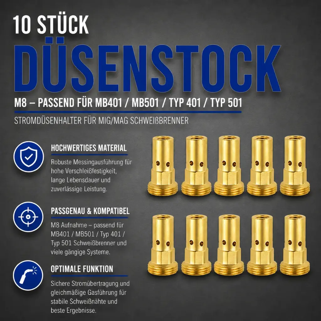 10 Stück Düsenstock M8 passend MB401 / MB501 / Typ 401 / Typ 501 – Stromdüsenhalter für MIG/MAG Schweißbrenner