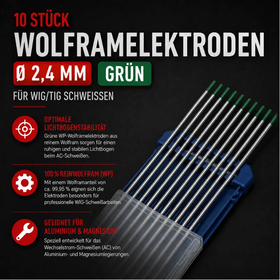 10 Stück Wolframelektrode Grün Ø 2,4 mm x 175 mm – Reines Wolfram für AC-Schweißen von Aluminium und Magnesium