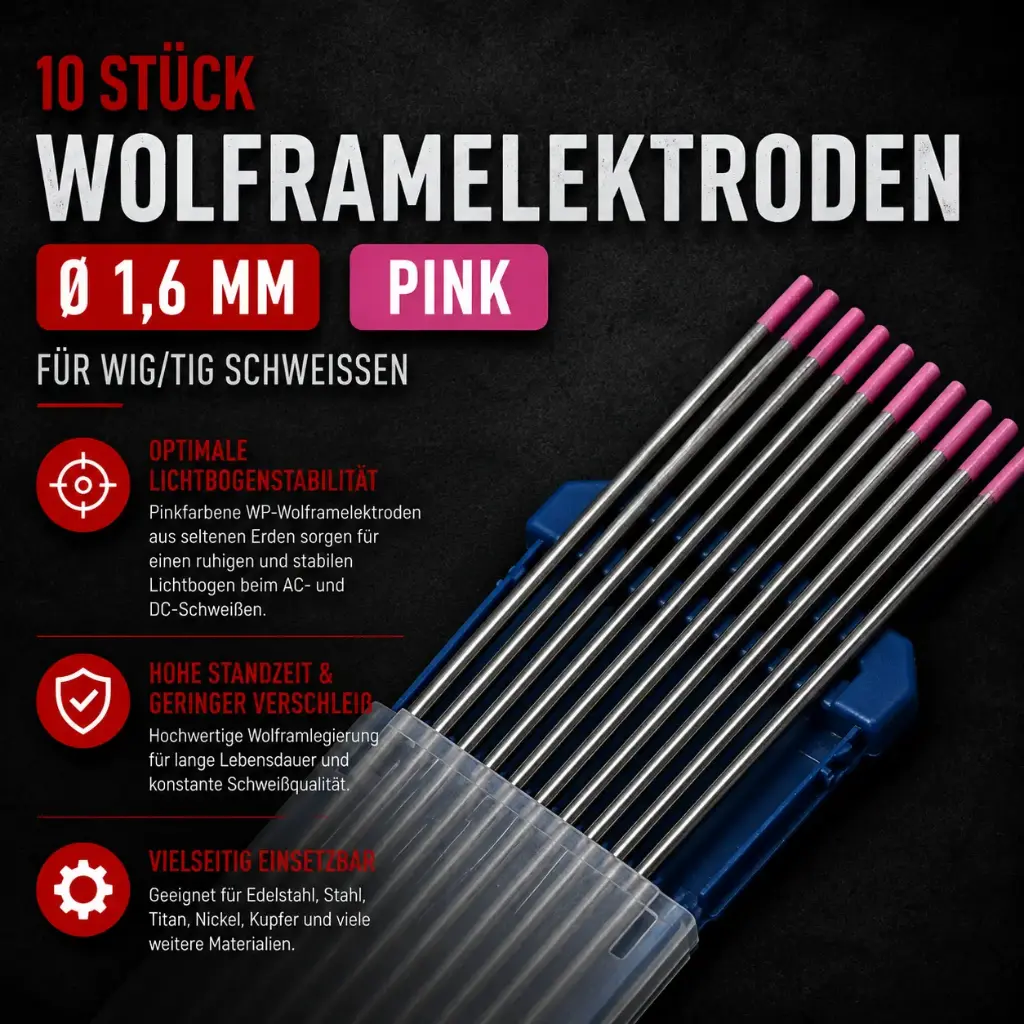 10 Stück Wolframelektrode Pink Ø 1,6 mm x 175 mm – Seltene Erden Elektrode für WIG-Schweißen
