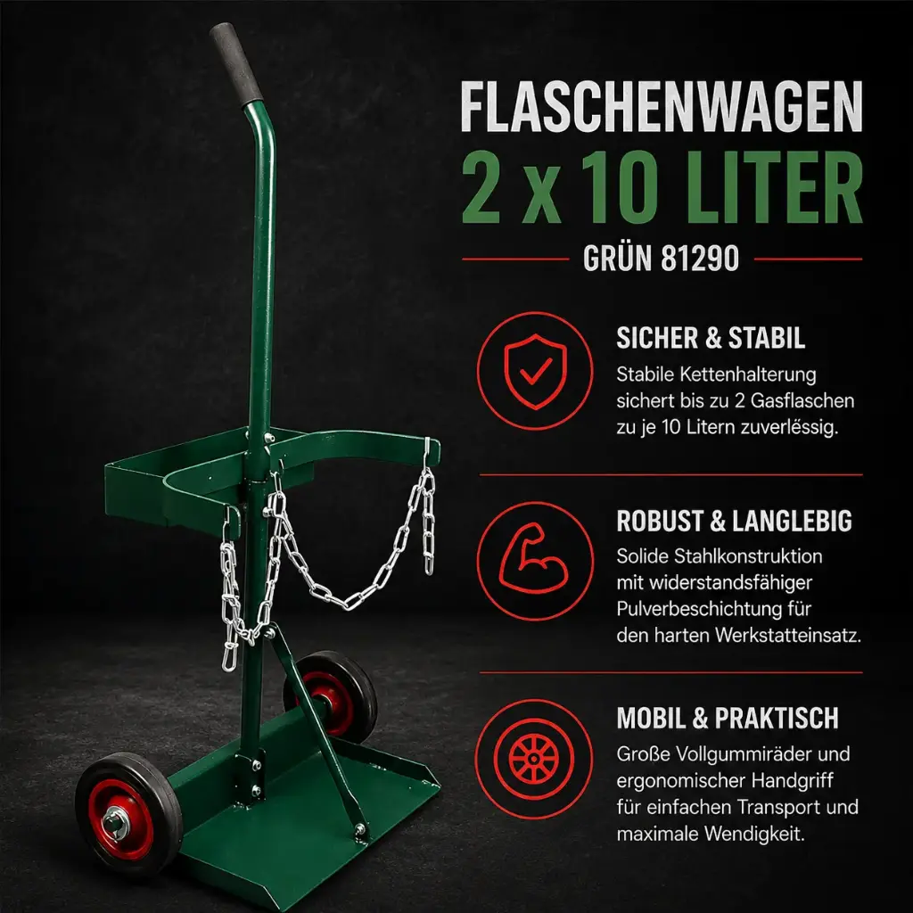 Flaschenwagen 2 x 10 Liter Grün 81290 – Robuster Gasflaschenwagen für Schweißtechnik und Werkstatt