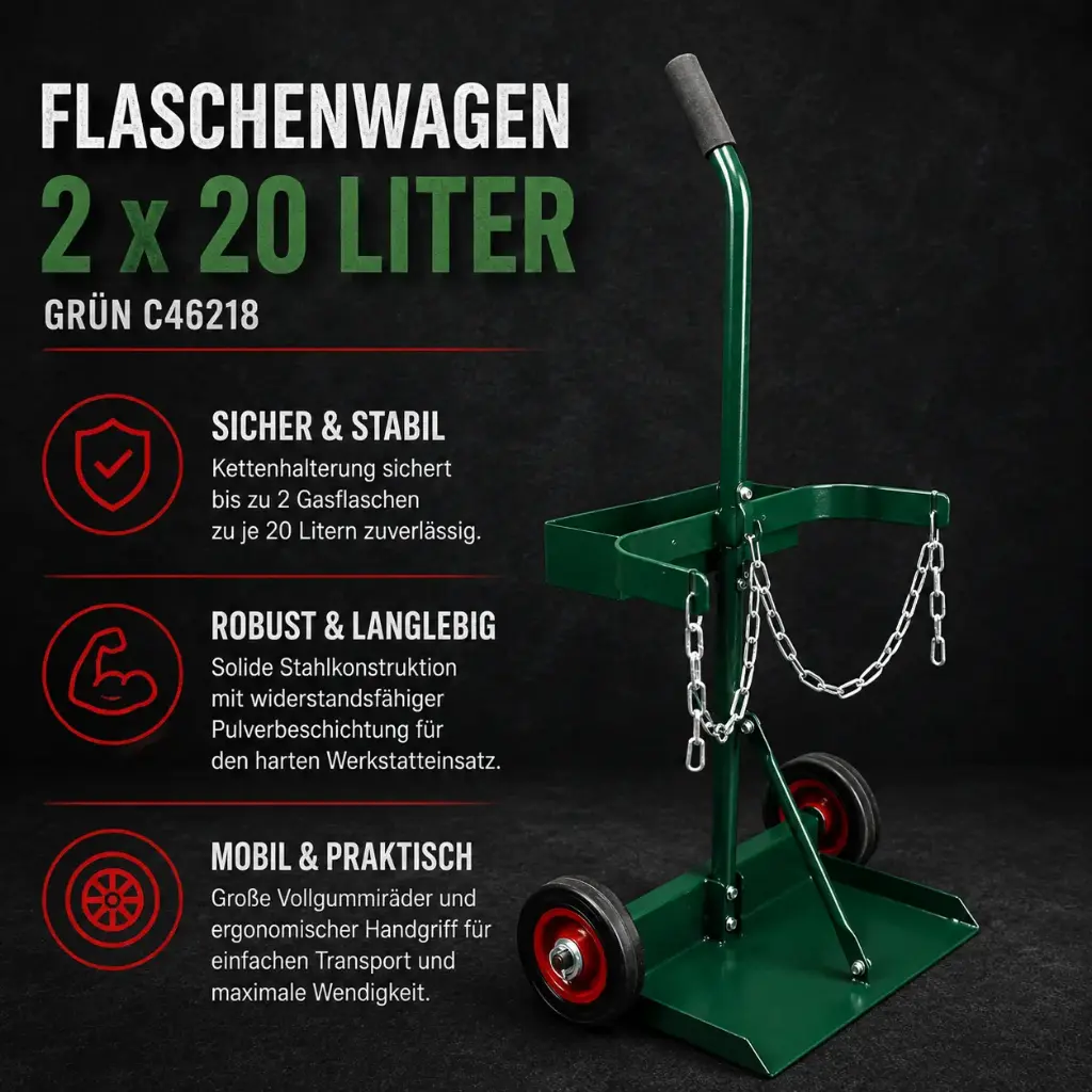 Flaschenwagen 2 x 20 Liter C46218 Grün – Robuster Gasflaschenwagen für Schweißtechnik