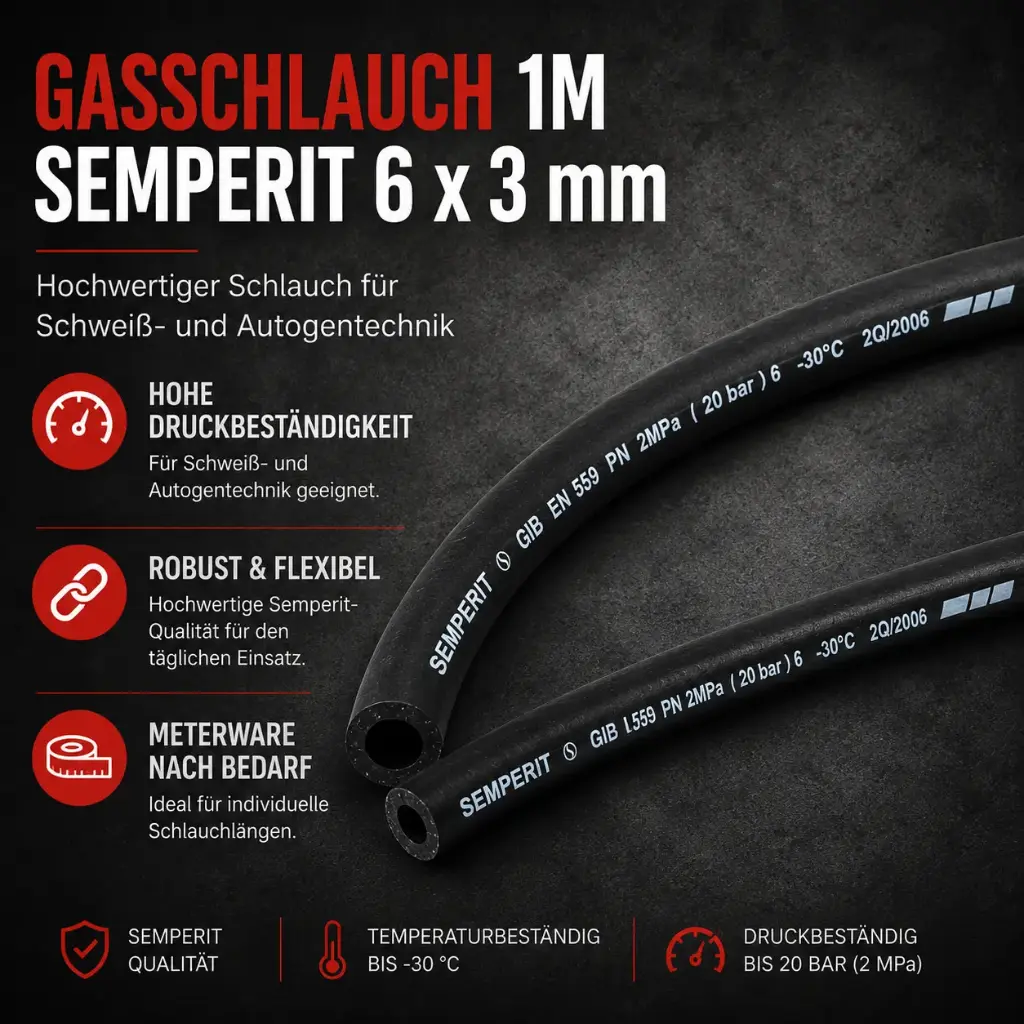 Gasschlauch 1m Semperit 6 × 3 mm – Hochwertiger Schlauch für Schweiß- und Autogentechnik