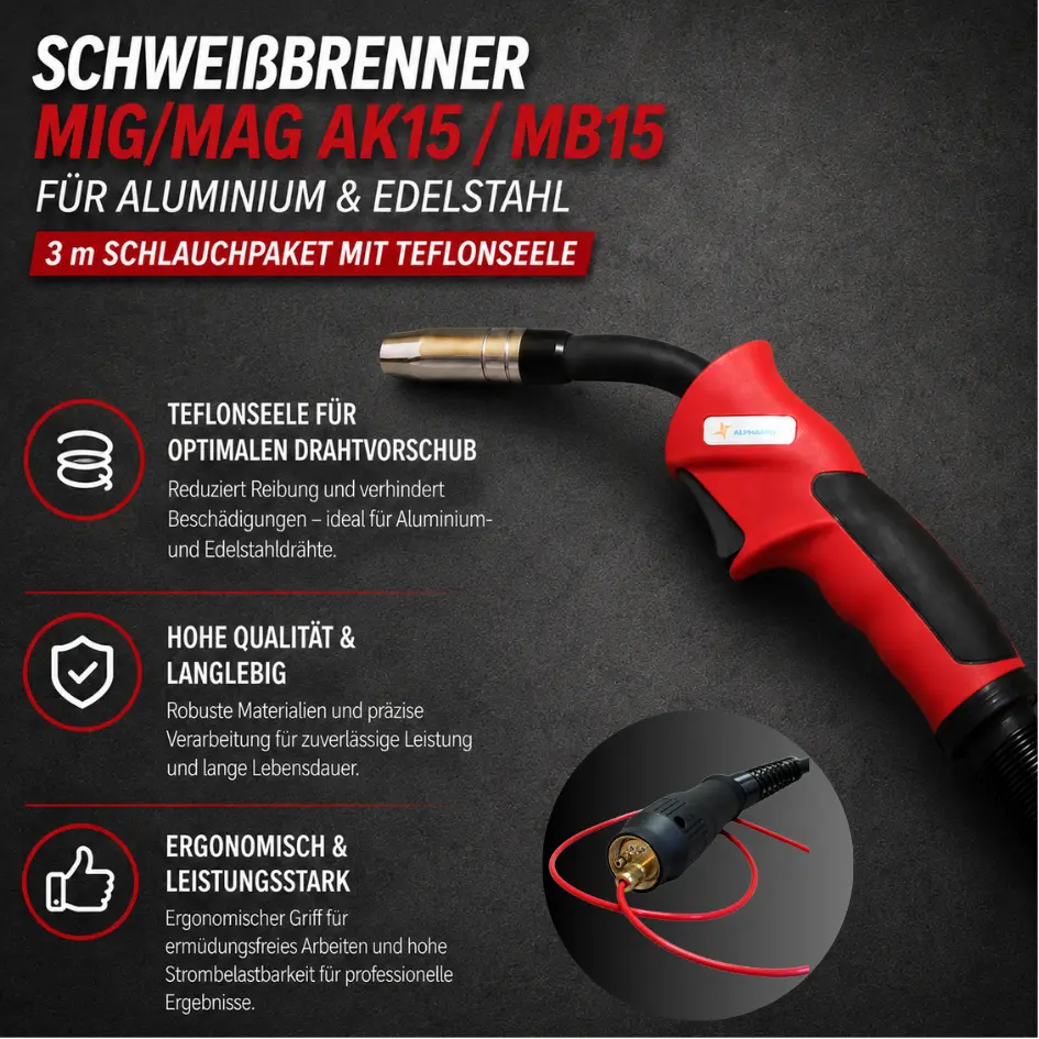 Schweißbrenner MIG/MAG AK15 / MB15 für Aluminium & Edelstahl – 3 m Schlauchpaket mit Teflonseele