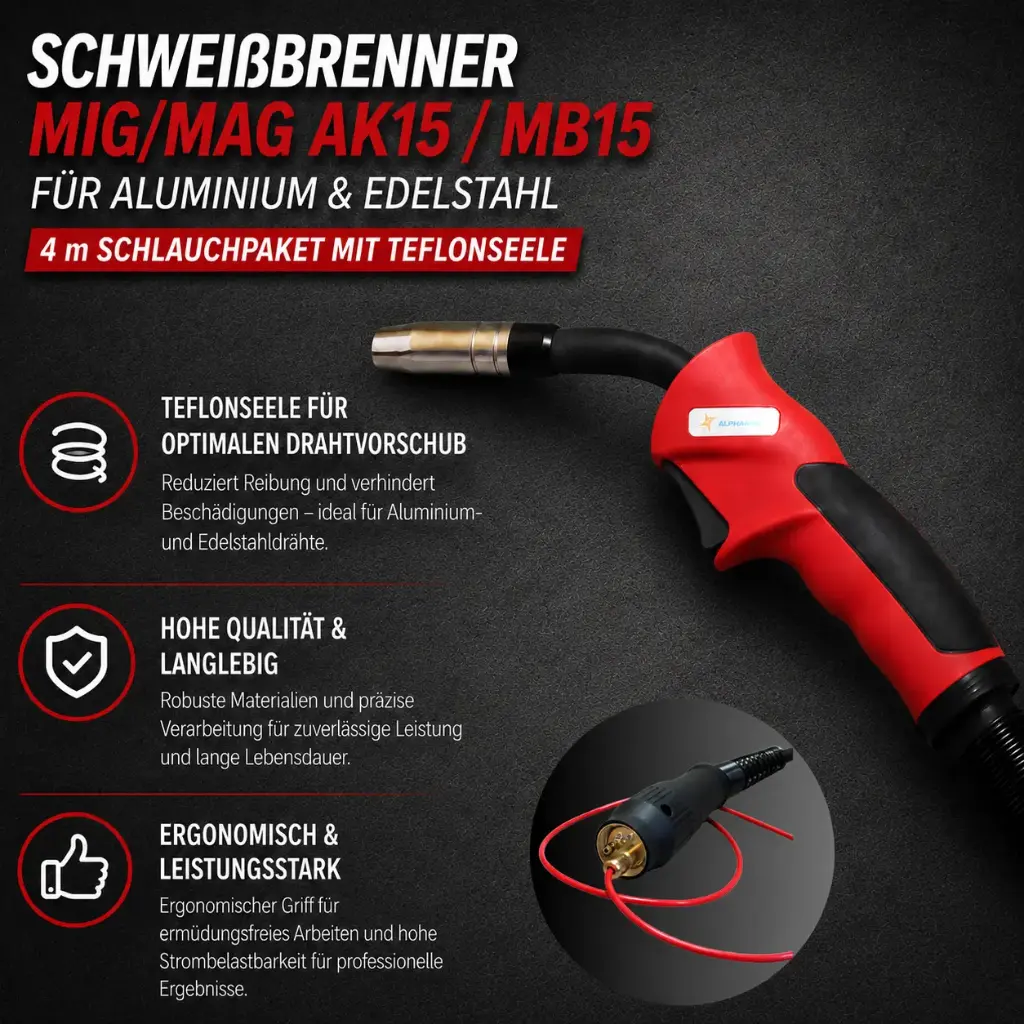 Schweißbrenner MIG/MAG AK15 / MB15 für Aluminium & Edelstahl – 4 m Schlauchpaket mit Teflonseele