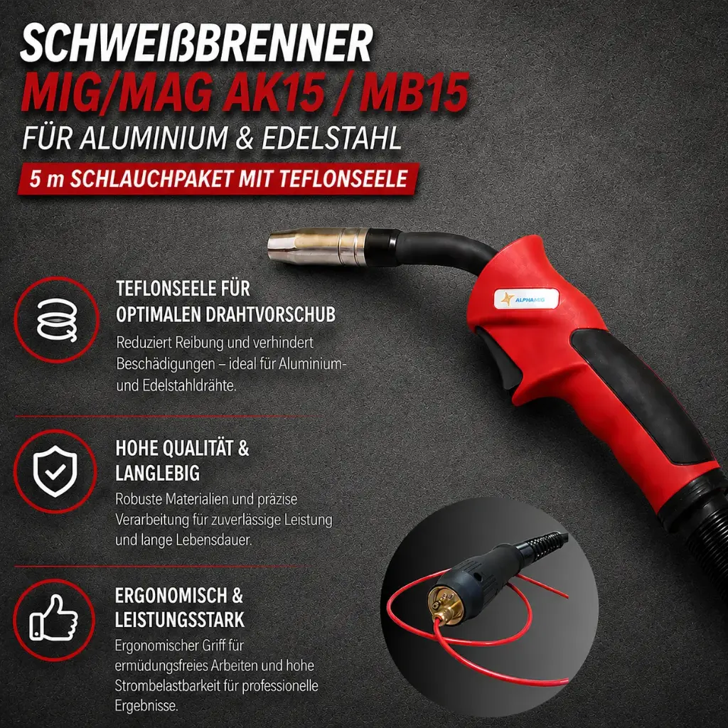 Schweißbrenner MIG/MAG AK15 / MB15 für Aluminium & Edelstahl – 5 m Schlauchpaket mit Teflonseele