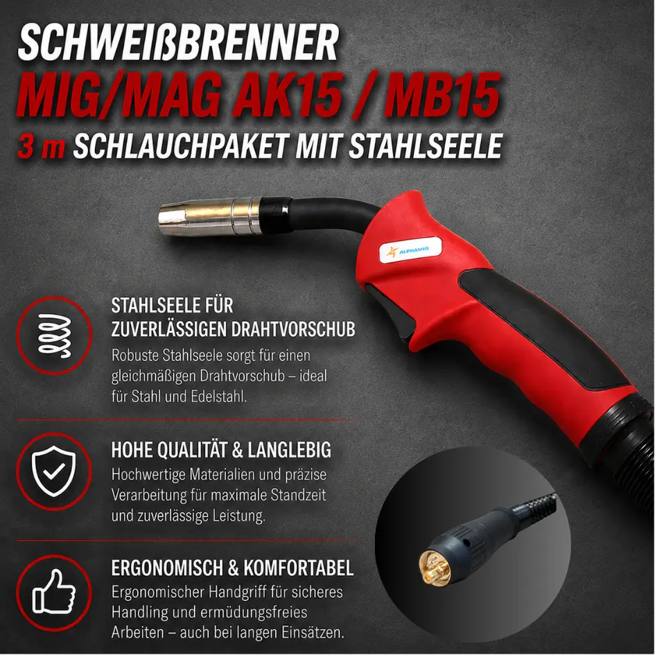 Schweißbrenner MIG/MAG AK15 / MB15 – 3 m Schlauchpaket mit Stahlseele