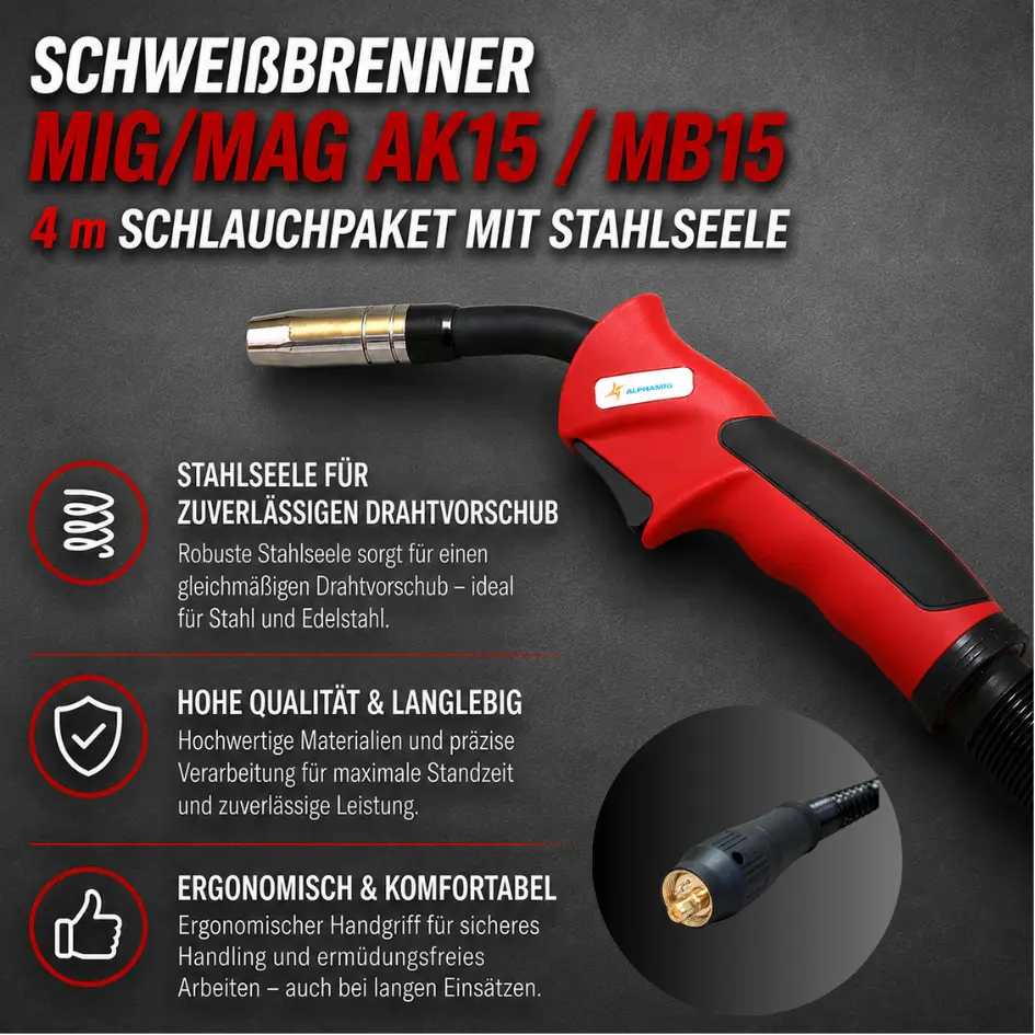 Schweißbrenner MIG/MAG AK15 / MB15 – 4 m Schlauchpaket mit Stahlseele